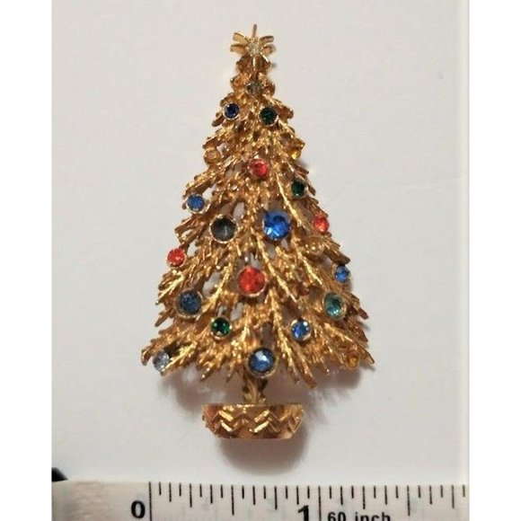Vintage Goldtone Christmas Tree Rhinestone Pin - Picture 2 of 5